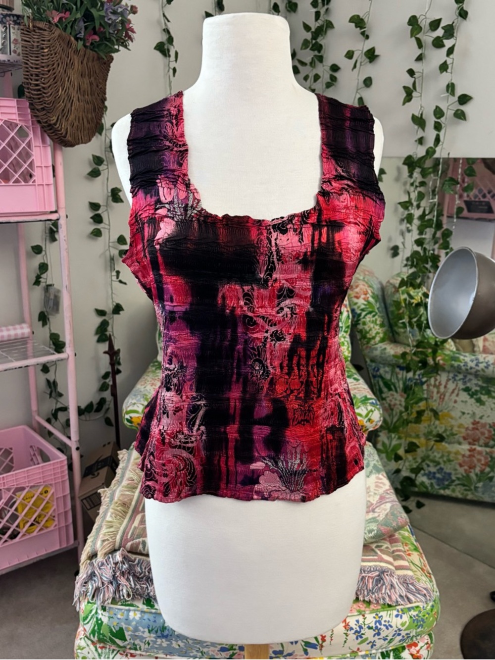Y2K Red Black Crinkle Tank Top Fairy Grunge Indie Sleaze Fitted Top Size L